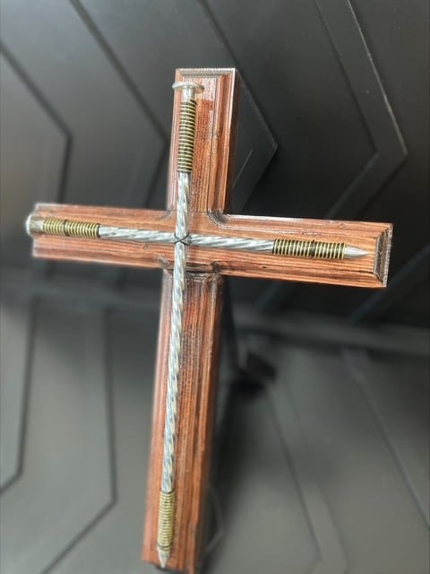 Red Mahogany Nail Cross, Black & Gold Wire